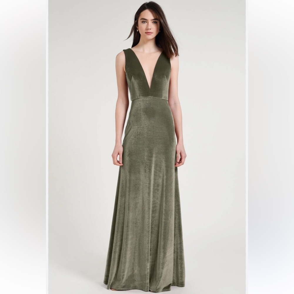Jenny Yoo Olive Velvet Plunging V-Back Gown